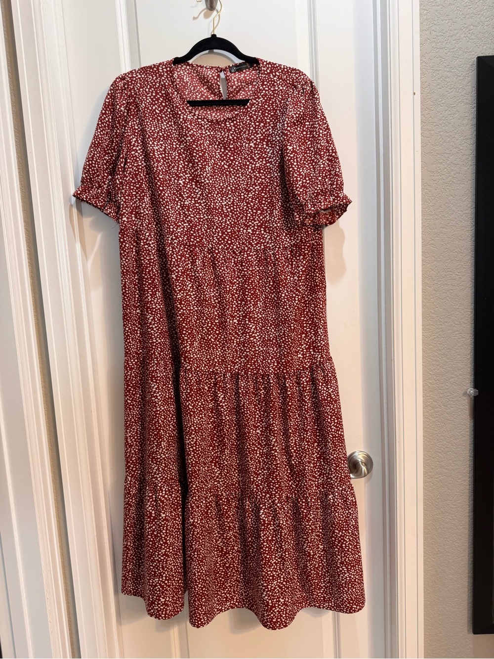Pretty Garden Burgundy Polka Dot Maxi Dress XL Short Sleeve Round Neck Tiered
